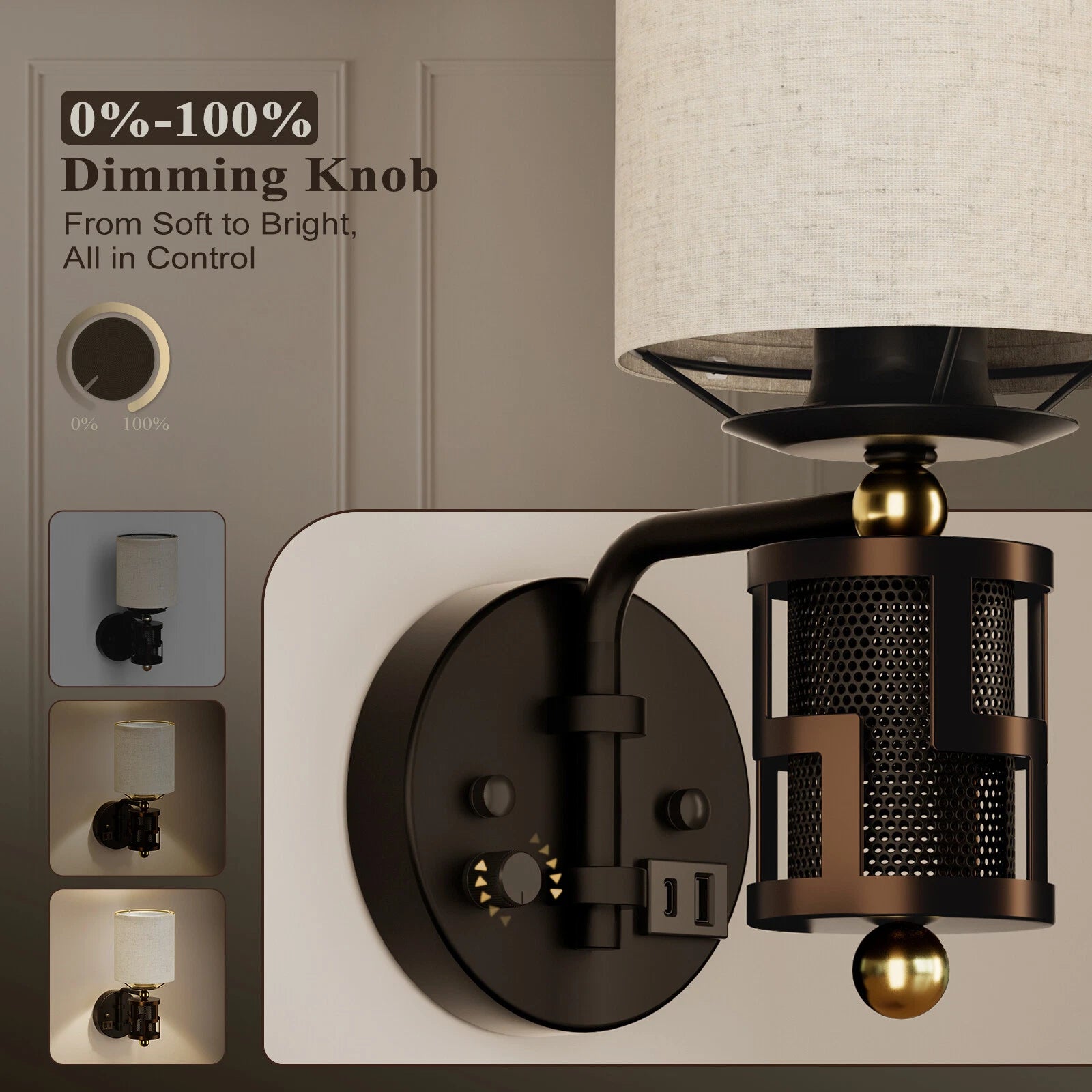 Vintage Dimmable Wall Sconce for HYMELA (Charge Port, Bronze)