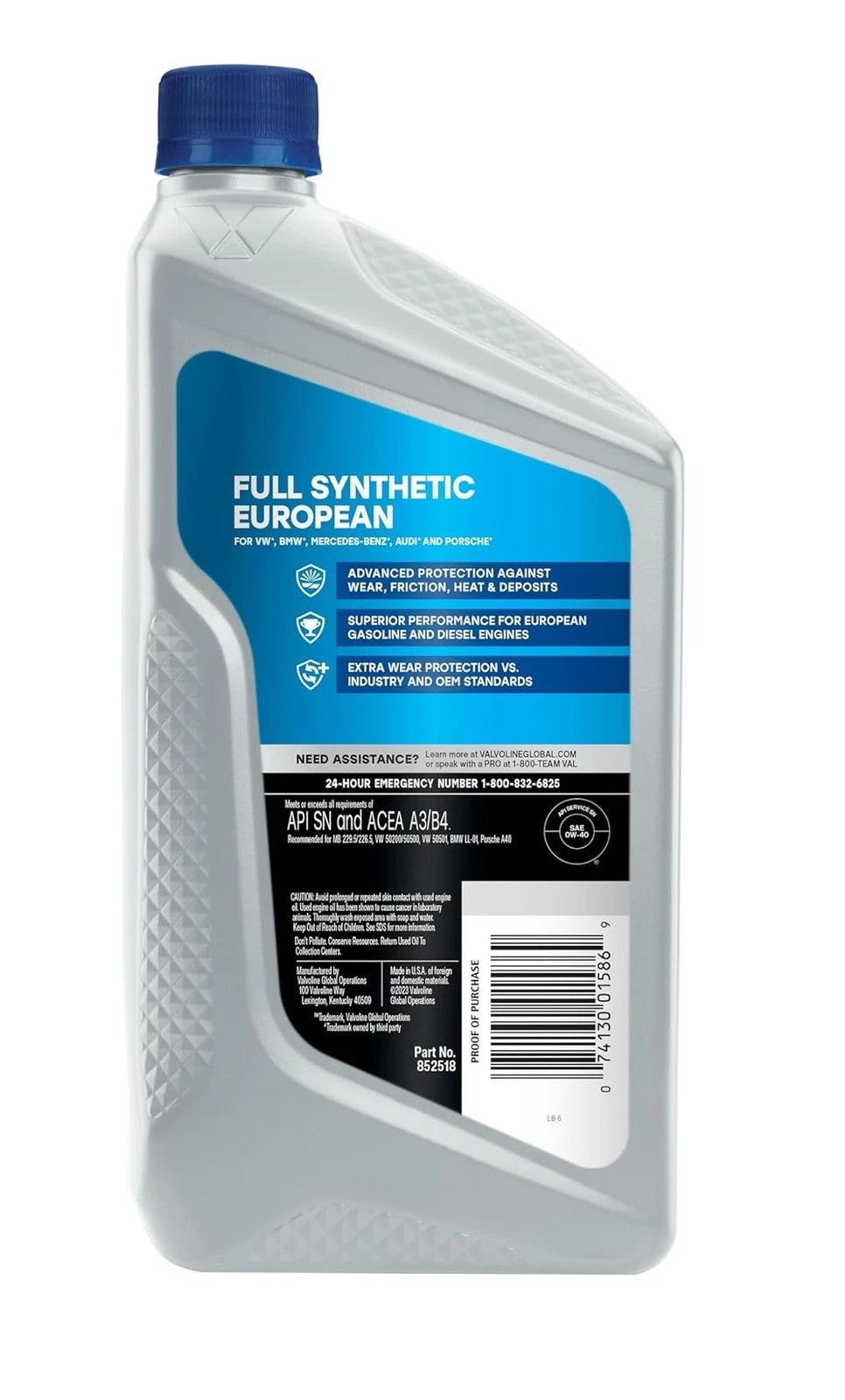 Valvoline Full Synthetic SAE 0W-40 Motor Oil for European Vehicles (1 Quart)