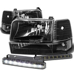 Set of 4 Black Housing Headlight, Clear Bumper, Corner, LED Fog Light for F150 (1992–1996)