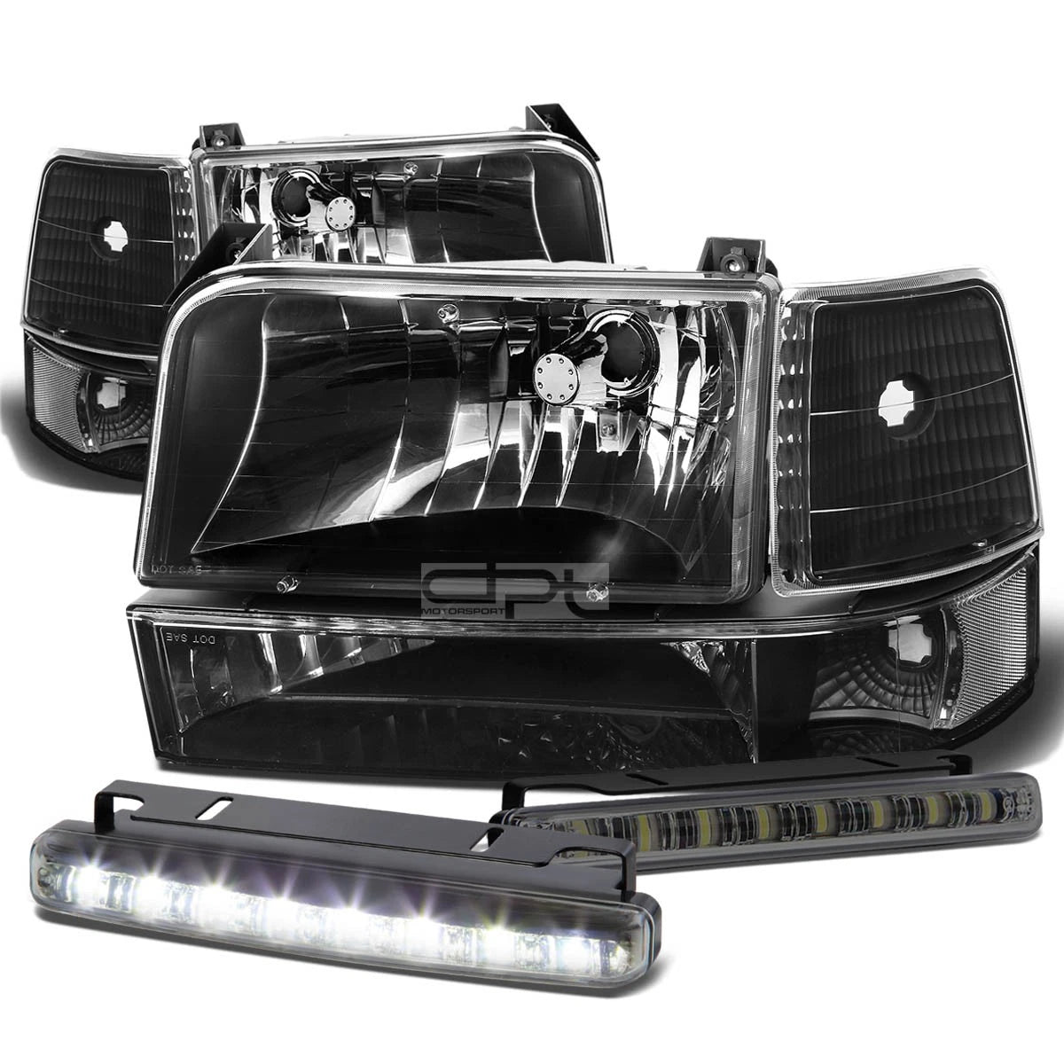 Set of 4 Black Housing Headlight, Clear Bumper, Corner, LED Fog Light for F150 (1992–1996)