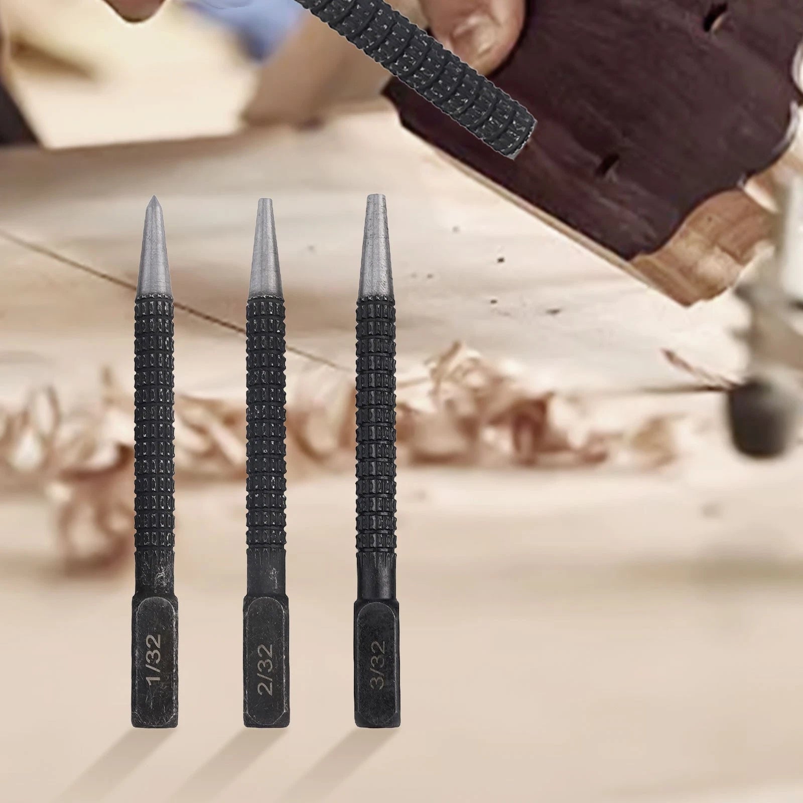 Set of 3 Nail Punches with Knurled Body and Square Striking Head