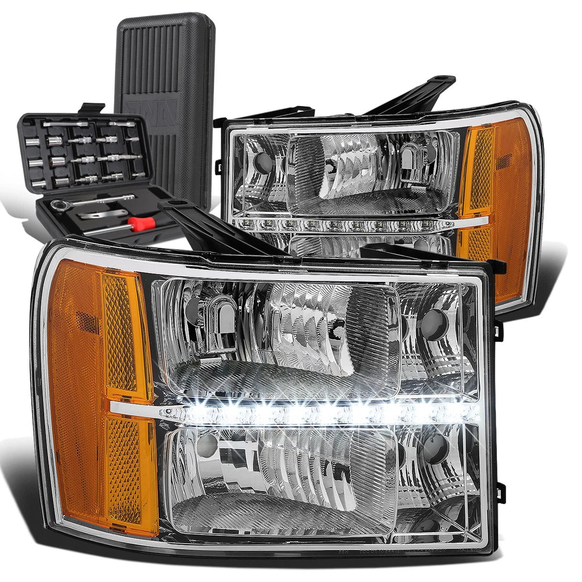 LED DRL Chrome Housing Amber Side Headlights for GMC Sierra (2007–2014)