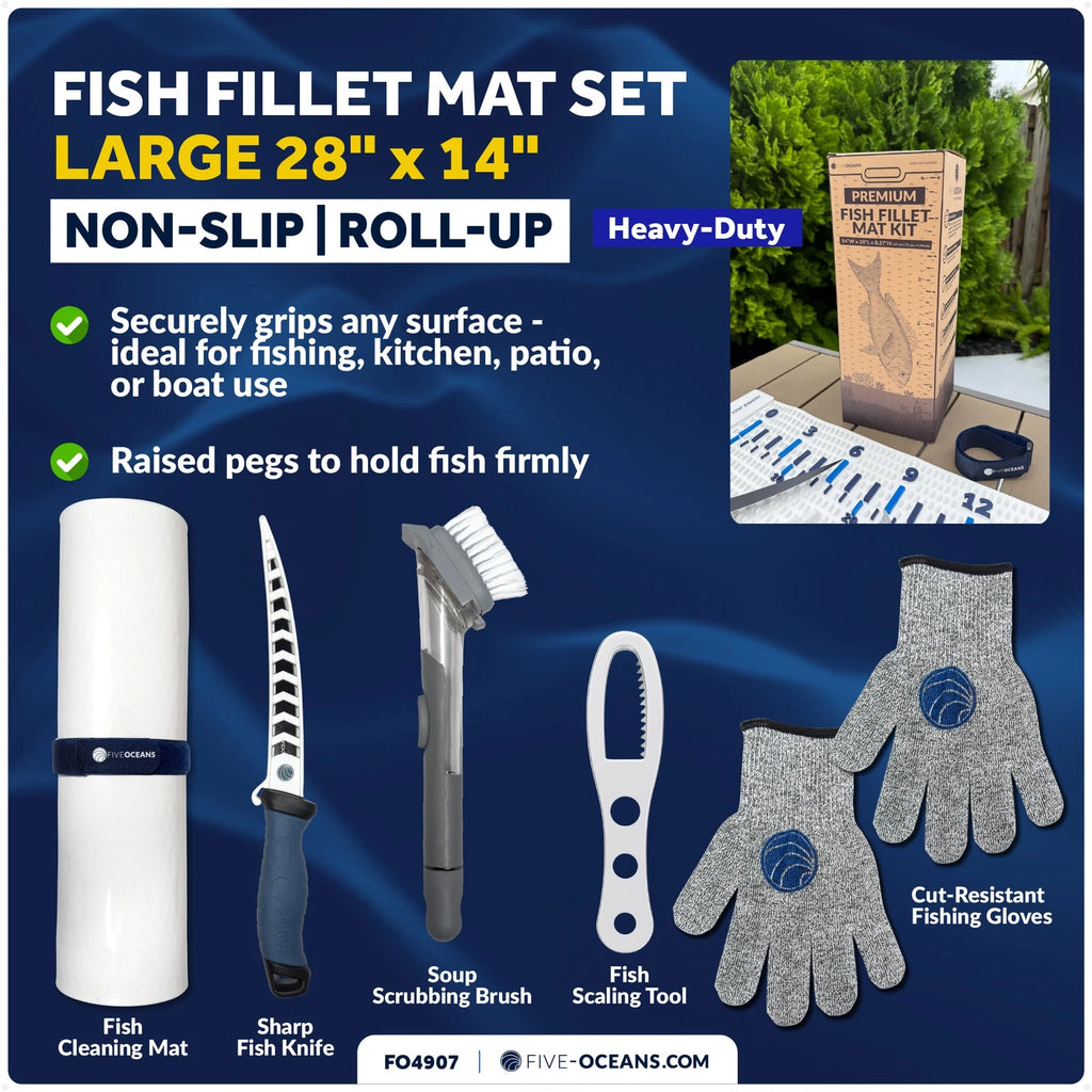 Fish Fillet Mat Kit with Knife & Gloves for Fishing (28" x 14")