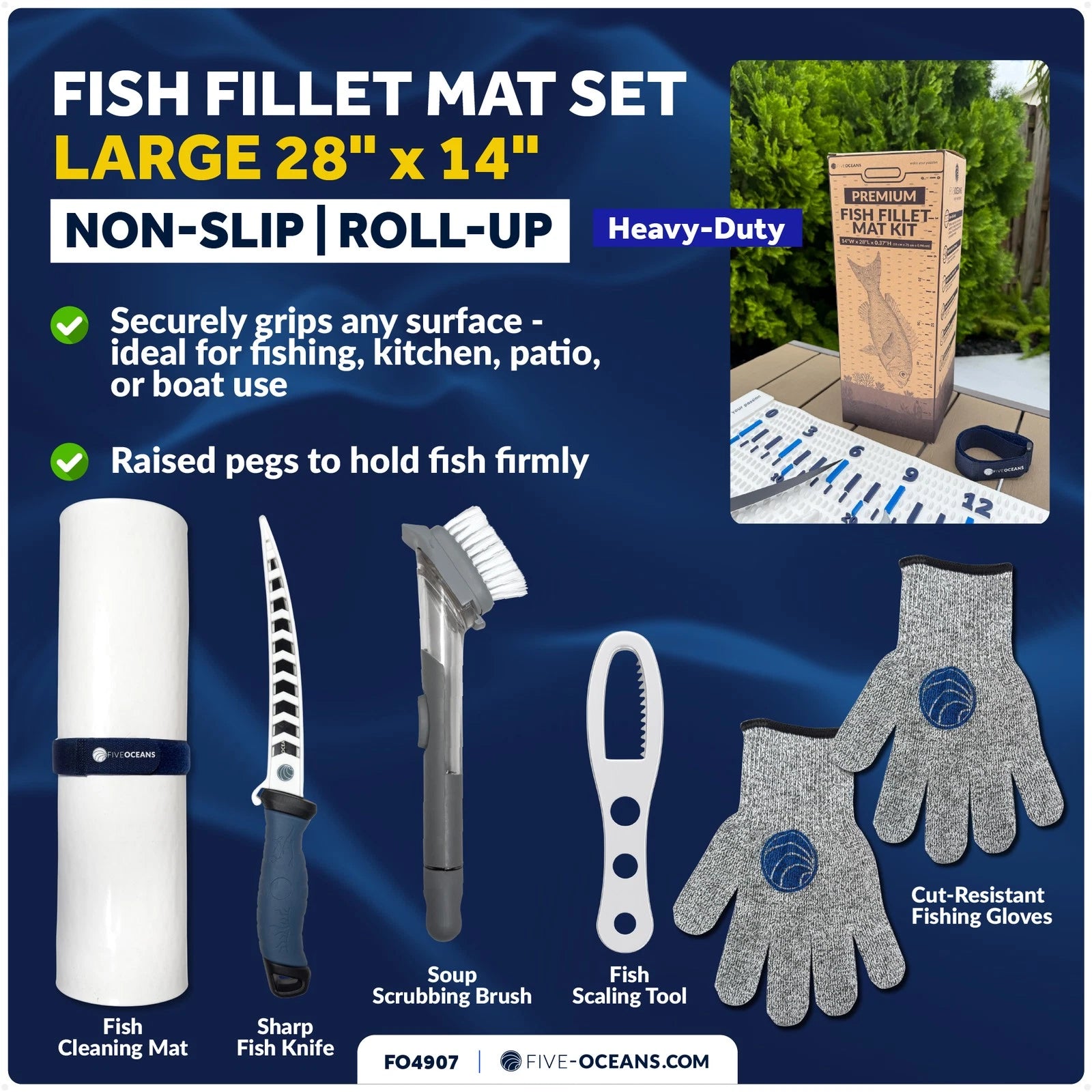Fish Fillet Mat Kit with Knife & Gloves for Fishing (28" x 14")
