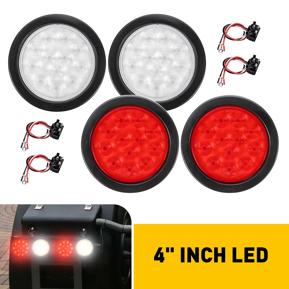 4-Inch Round LED Red/White Tail Lights for Truck Trailer (12V)