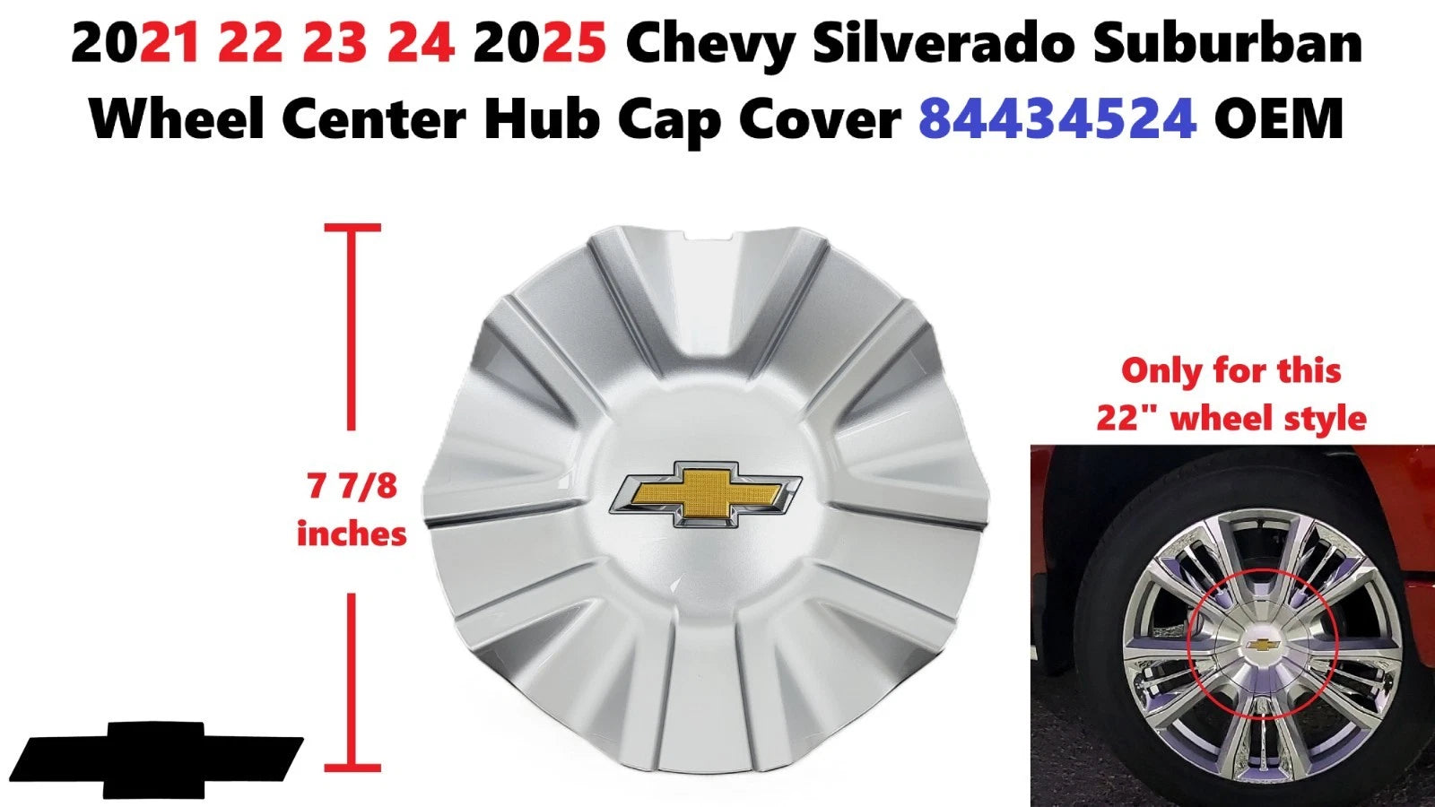 Set of 4 Wheel Center Hub Cap Covers for Chevy Silverado Suburban (2021–2025) 84434524