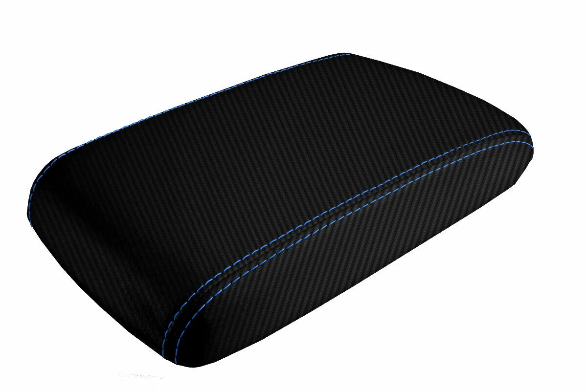 Console Lid Armrest Cover for Dodge Challenger (2008–2014) Carbon Fiber Blue Stitch