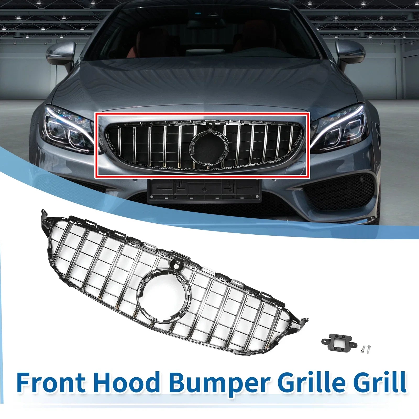 Front Upper Bumper Grille for Mercedes-Benz C180 Chrome Silver Tone