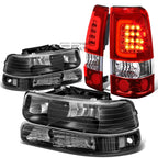 Set of 2 Black Headlight + Clear Bumper + Chrome Red 3D LED Tail Lamp for Silverado (1999–2002)