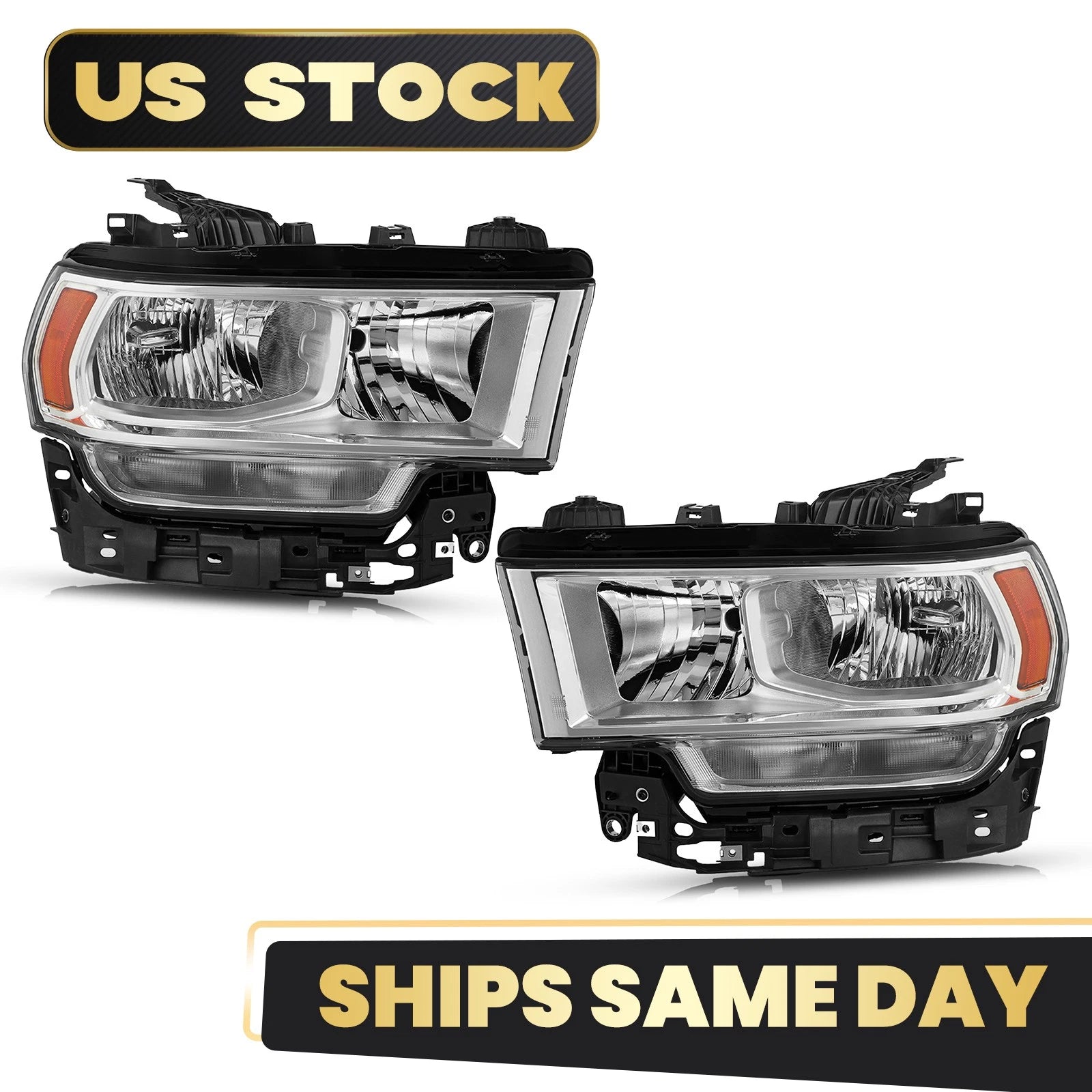 Halogen Headlight Pair for Ram 2500 3500 (2019–2024) W/ Bulb W/ Chrome Bezel