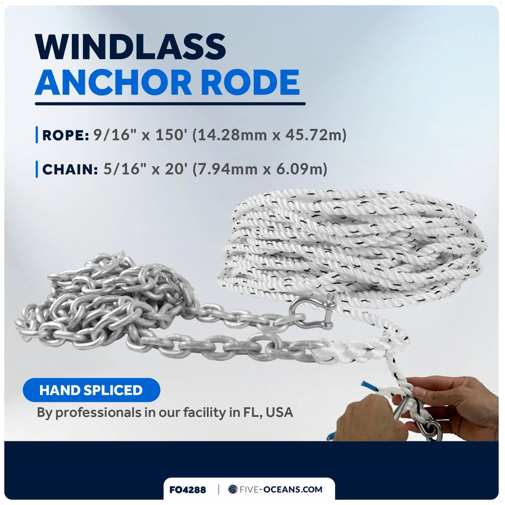 Windlass Anchor Rode 9/16"x150' Rope & 5/16"x20' G4 Chain for Marine Use