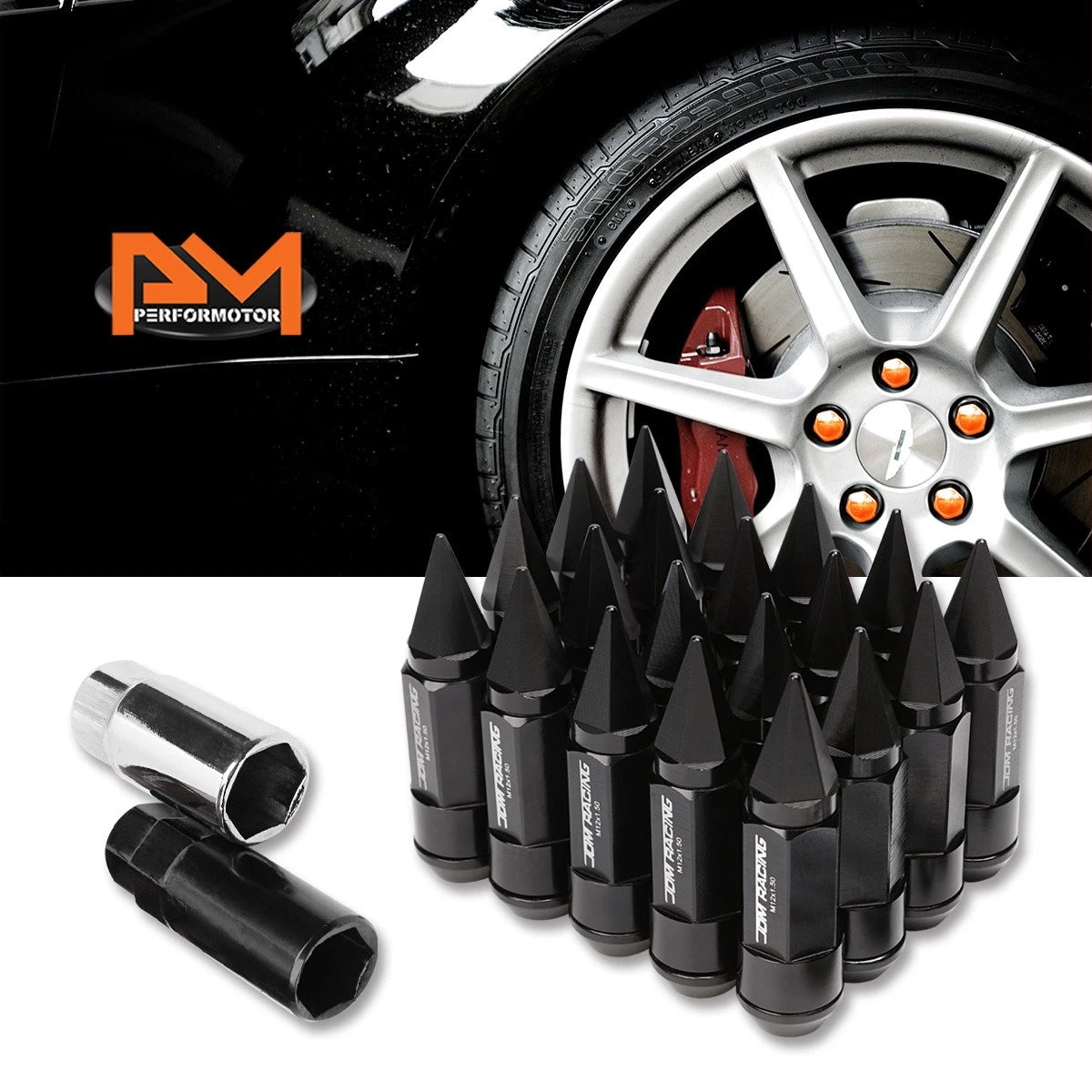 Set of 20 M12X1.5 Black JDM Cone Spiked Cap Wheel Lug Nuts + Extension 23mm