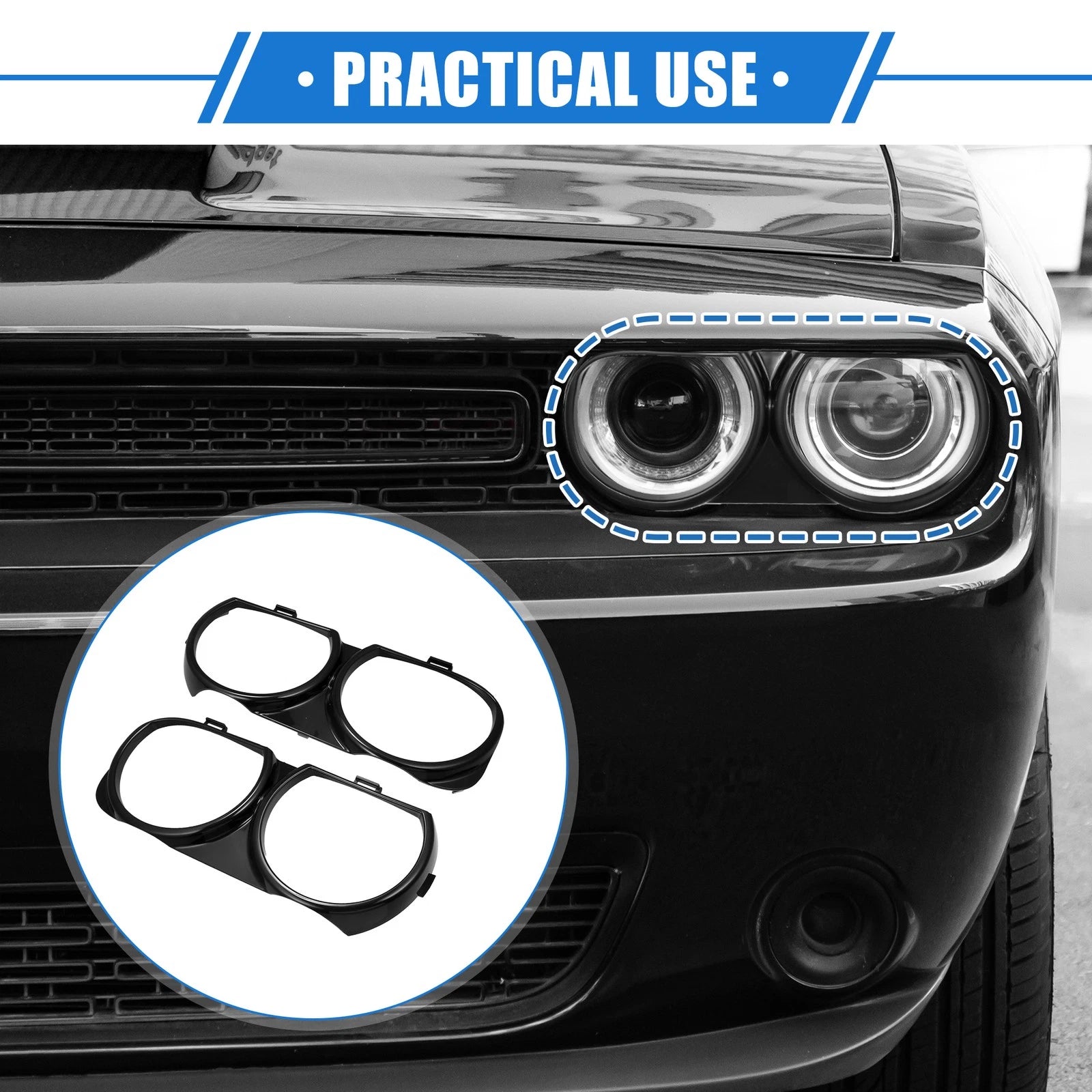 1 Pair Headlight Trim Rings for Dodge Challenger (Black) (703820285786)
