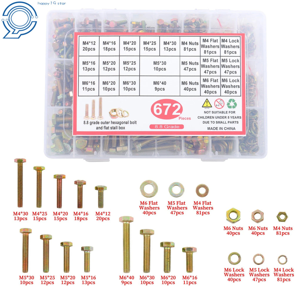 672PC Heavy Duty Metric Bolts Nuts Assortment Kit Grade 8.8 Hex Head