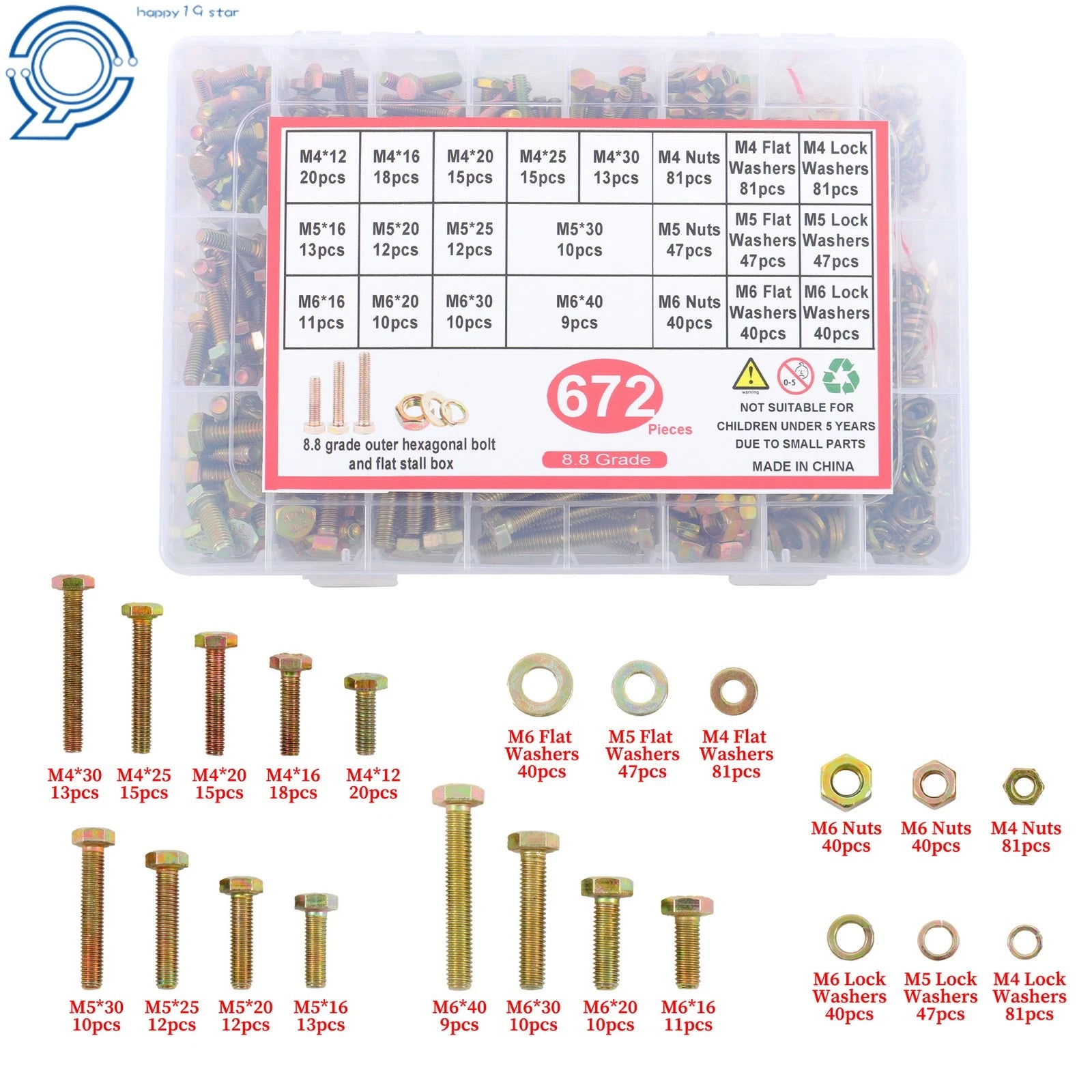 672PC Heavy Duty Metric Bolts Nuts Assortment Kit Grade 8.8 Hex Head