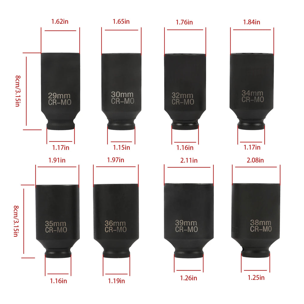 Set of 8 Deep Impact Sockets for Spindle Axle Nut (29-39mm)