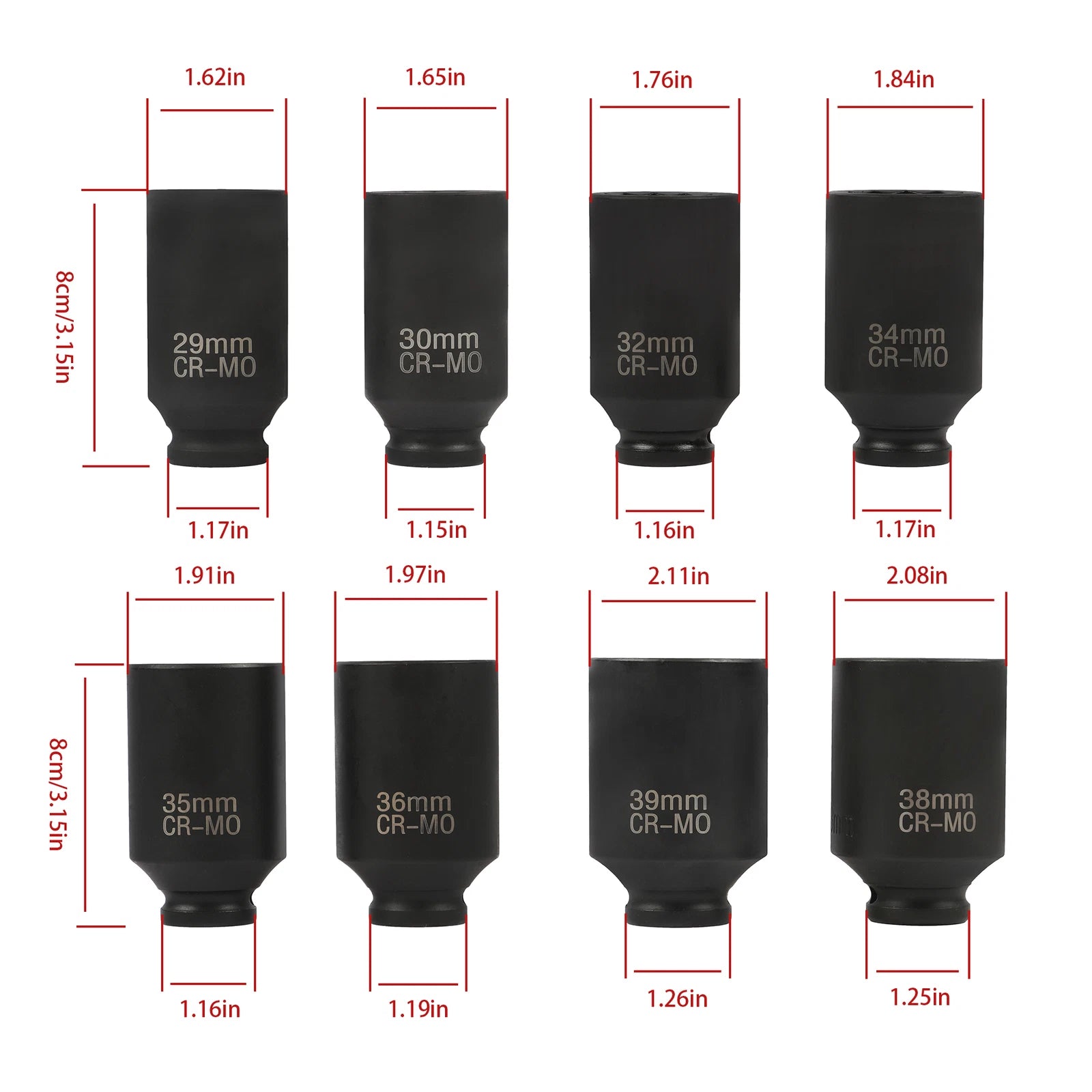 Set of 8 Deep Impact Sockets for Spindle Axle Nut (29-39mm)