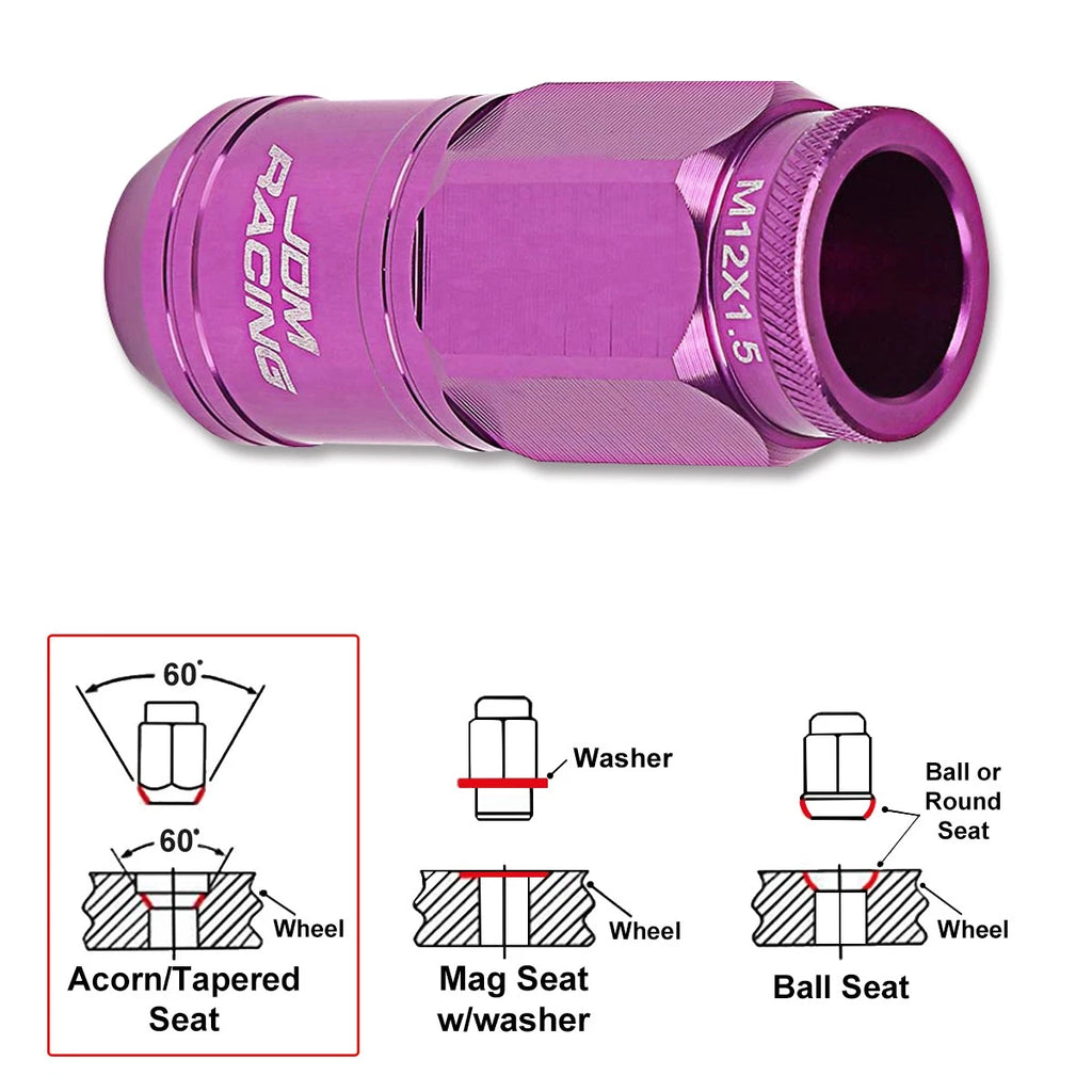 Set of 20 M12X1.5 Purple JDM Open End Cone Wheel Lug Nuts + Spline Lock Key