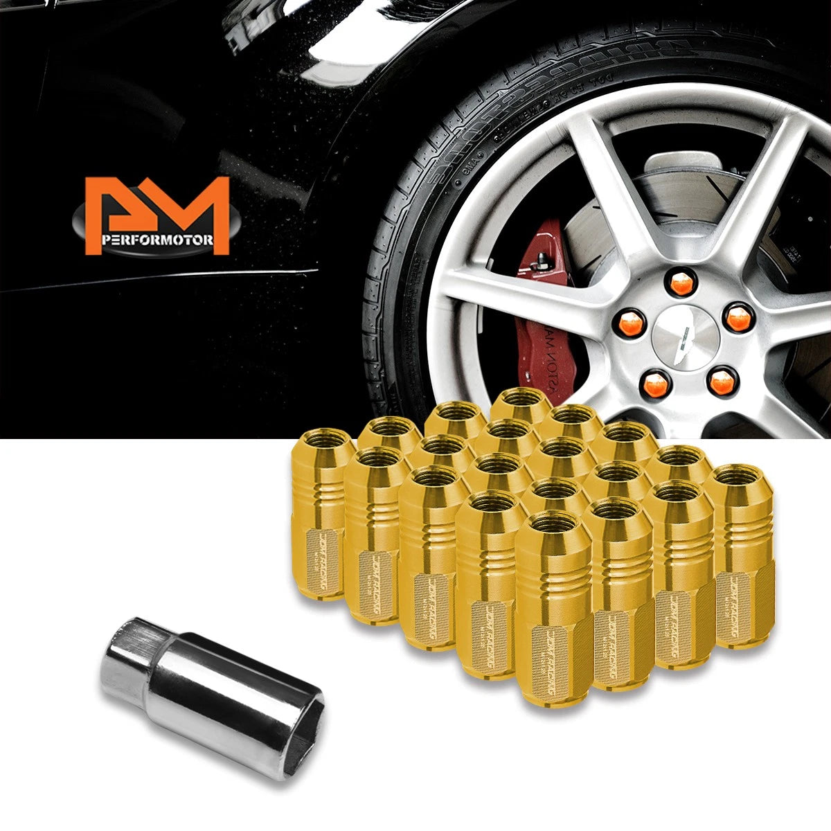 20Pc M12X1.25 Gold JDM Closed End Cone Hex Wheel Lug Nuts + Extension 20mm