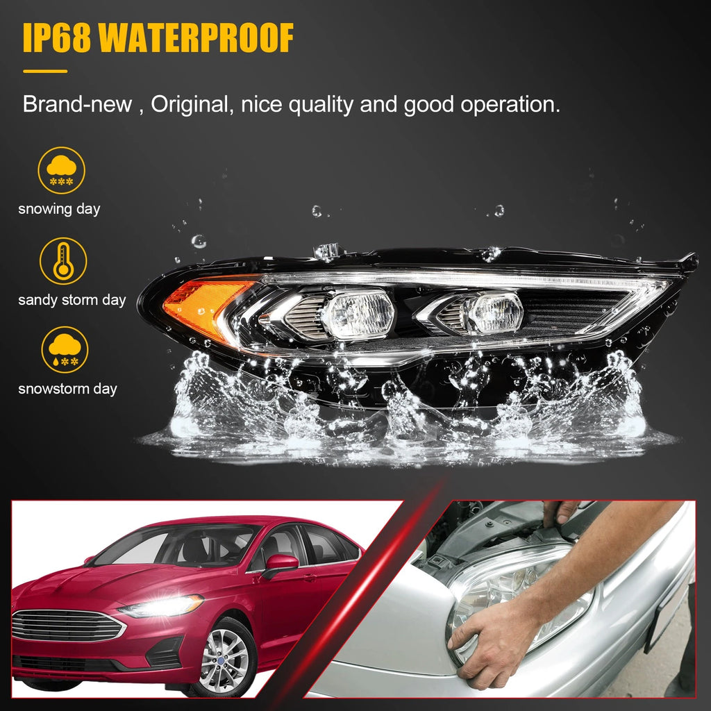 2Pcs Full LED DRL Projector Headlights for Ford Fusion (2017–2020)