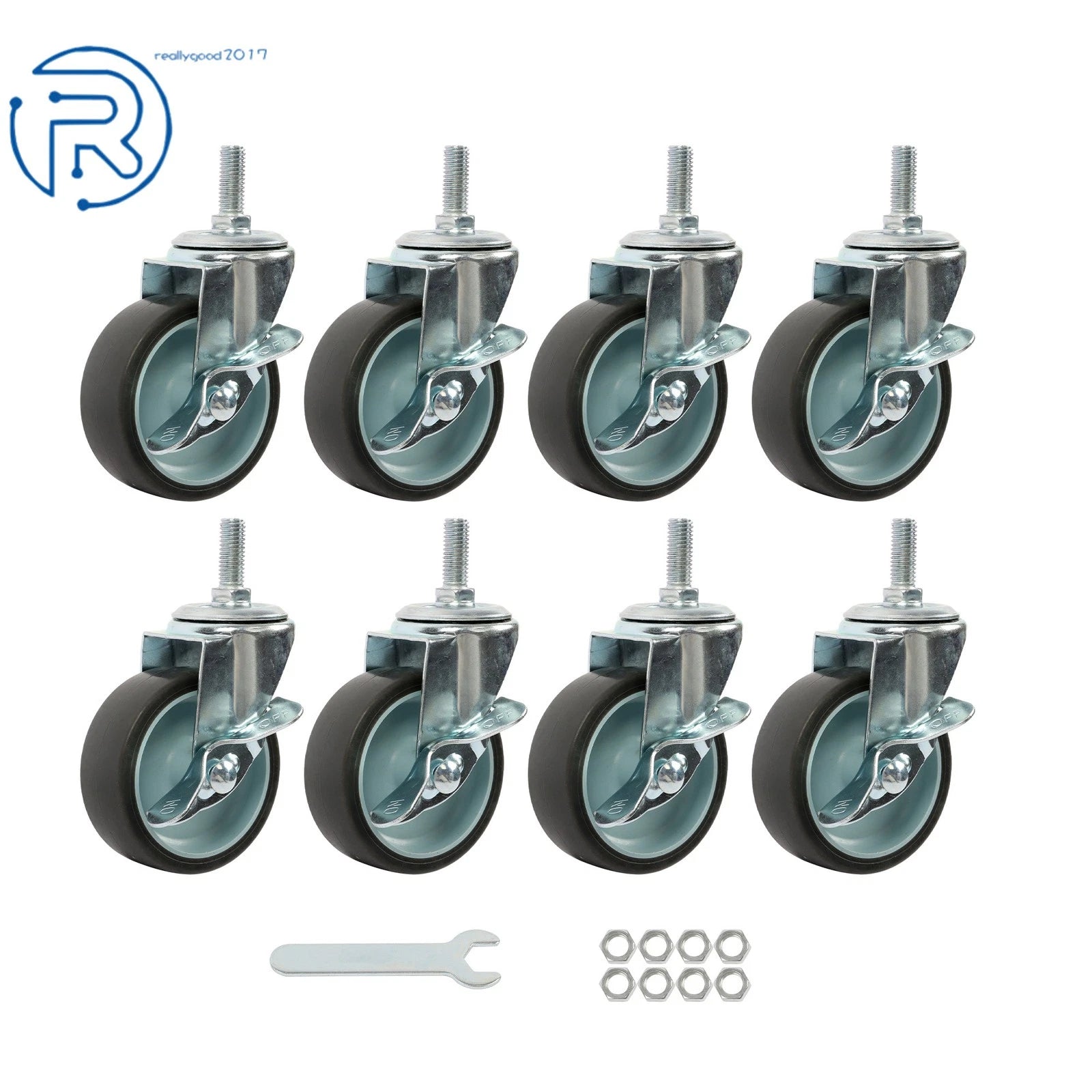 Set of 8 Heavy Duty 3 Inch Swivel Caster Wheels with Side Brake 3/8"-16×1"