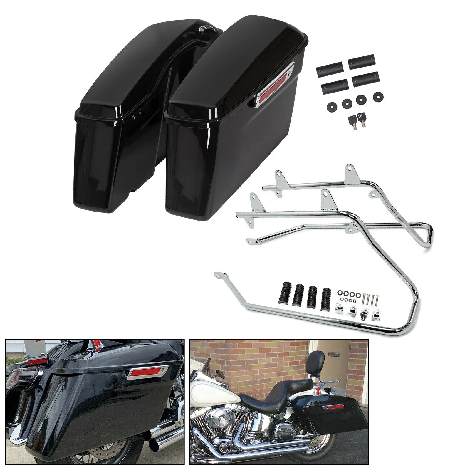 Saddle Bags with Chrome Conversion Brackets for Harley Softail Fatboy