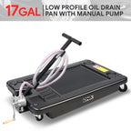 17 Gallon Low Profile Oil Drain Pan with Manual Pump & Wheels for Car Truck