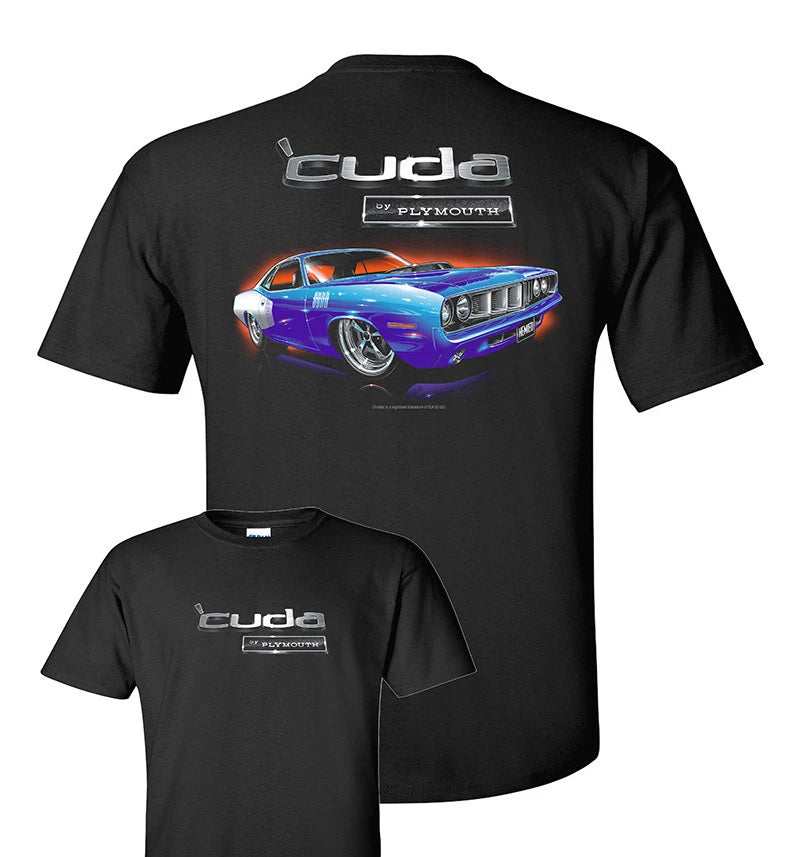 Black T-Shirt with Blue 1971 Plymouth Cuda Logo for Adults (1971–1971)