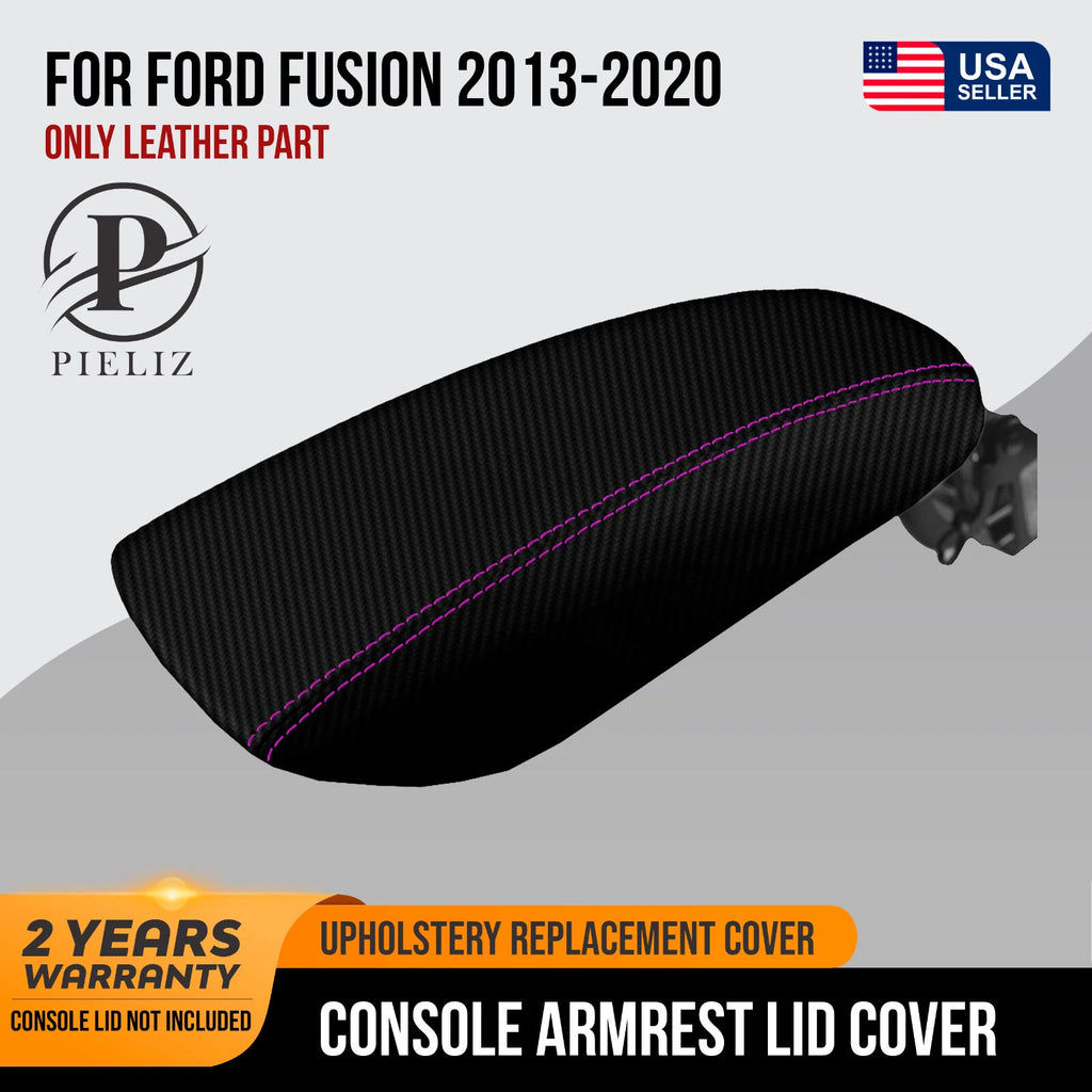 Console Lid Armrest Cover for Ford Fusion (2013–2020) Carbon Fiber Purple Stitch