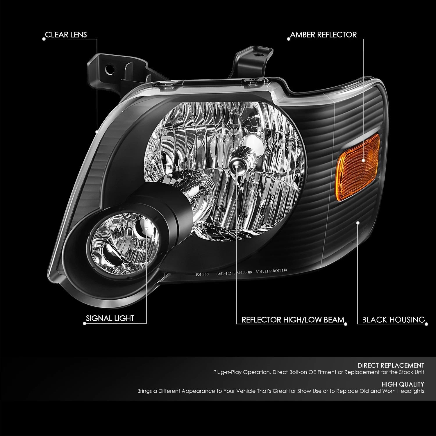 Pair of Black Housing Amber Corner Headlights for Ford Explorer (2006–2010)