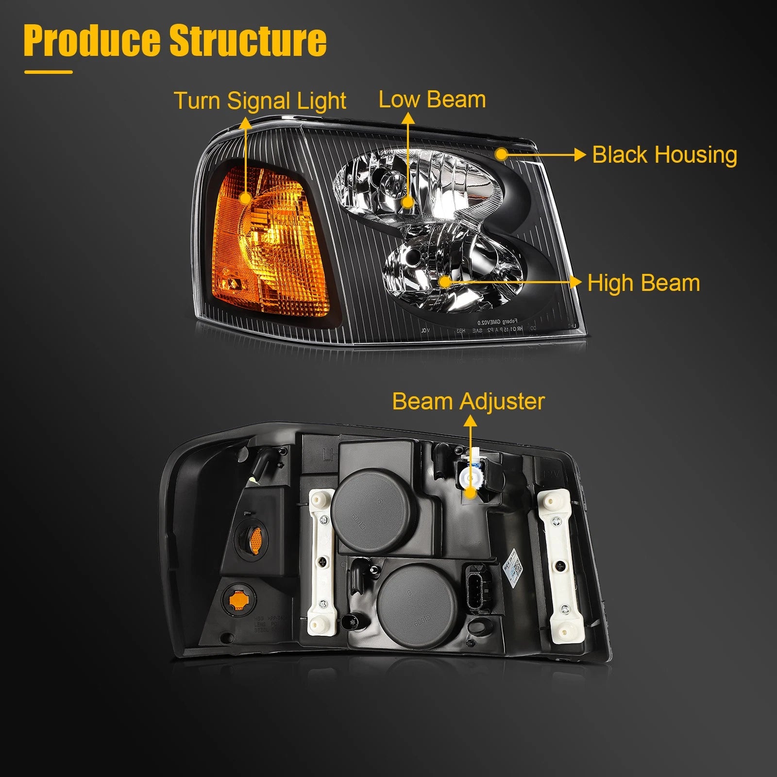 Headlight Assembly Set for GMC Envoy, GMC Jimmy (2002–2009) Black