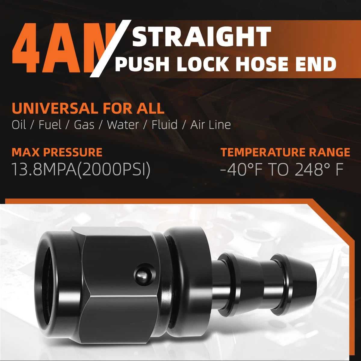 4AN to 1/4" Barb Straight Push Lock Hose End Fitting (2000PSI)