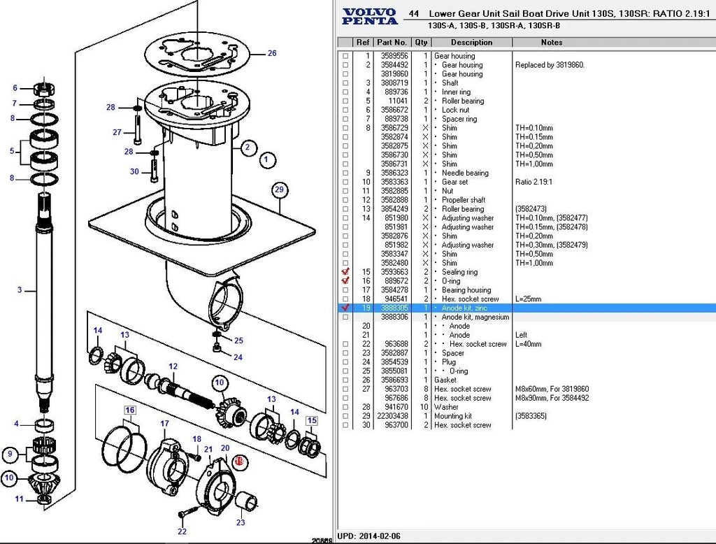 Sealing Kit for Volvo Penta 120S, 130S, 150S, MS25 (3593663, 873108)
