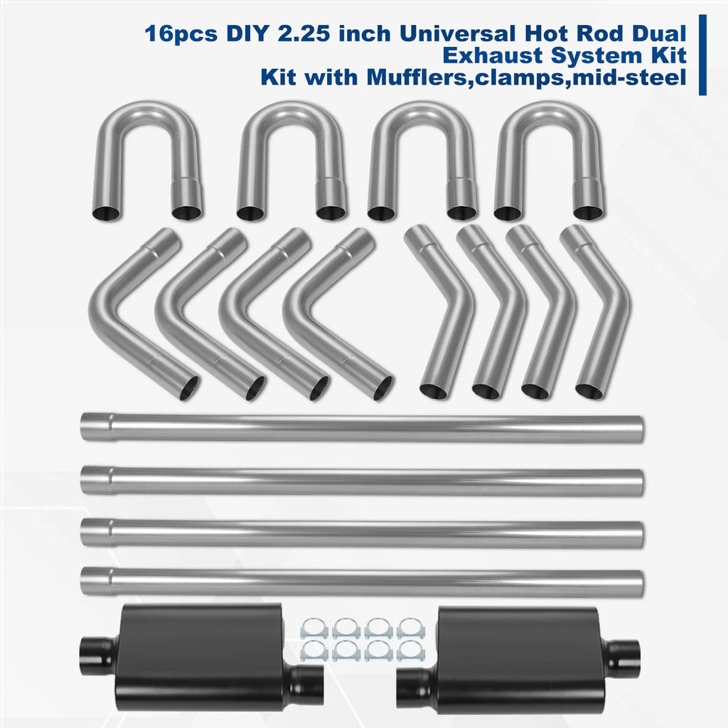 Exhaust System Kit 2.25" Universal Straight U-Bend 18pcs Pipes with Mufflers