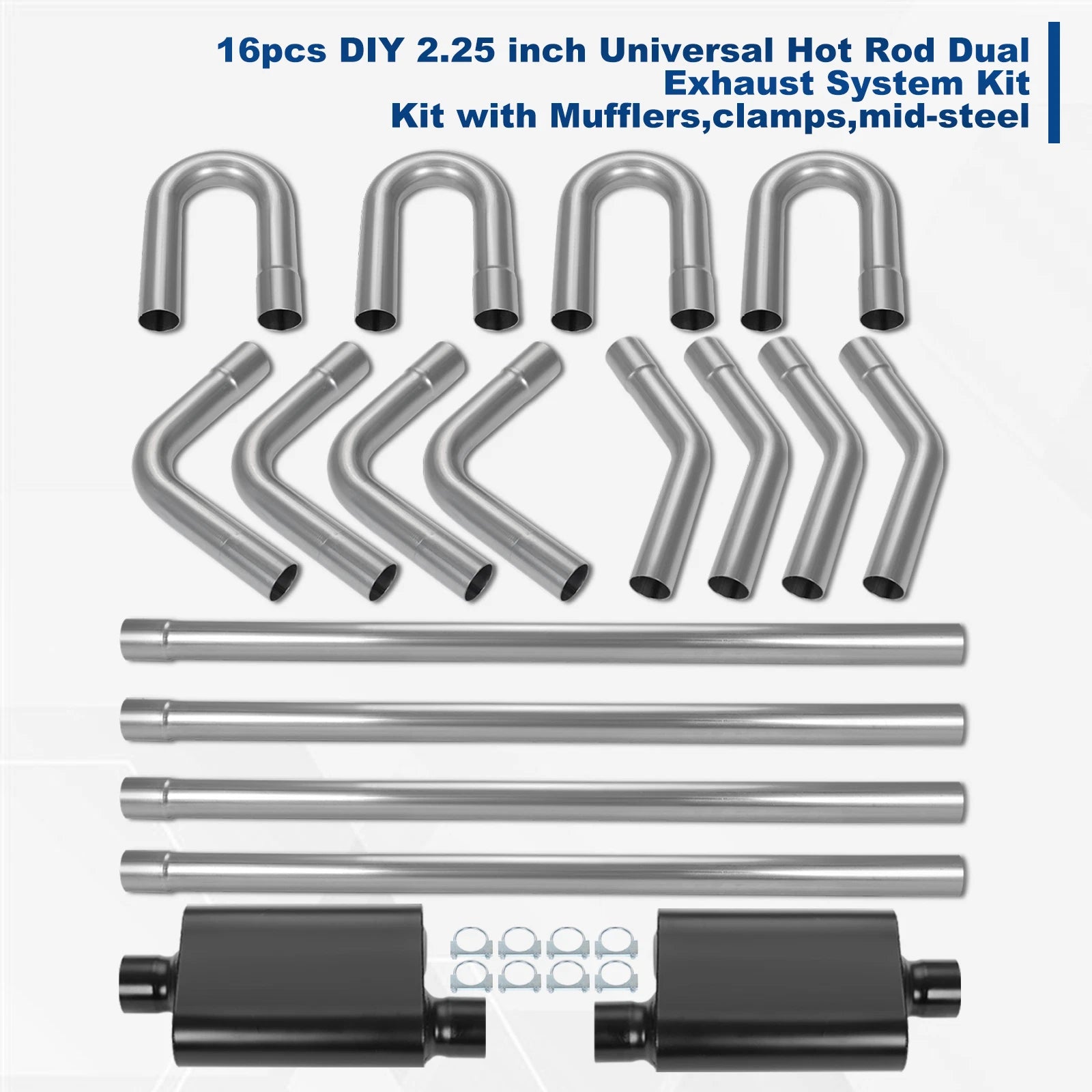 Exhaust System Kit 2.25" Universal Straight U-Bend 18pcs Pipes with Mufflers