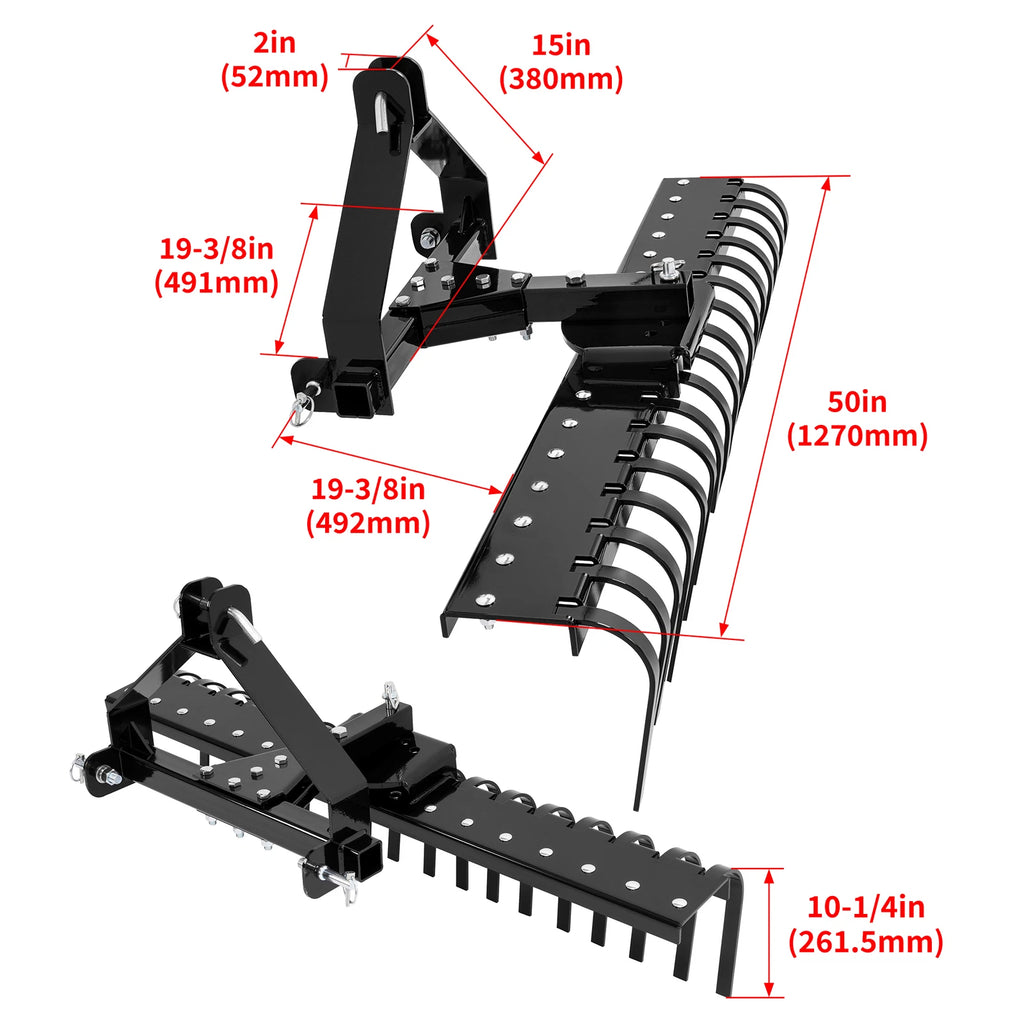 50-Inch Black Landscape Rake Comb for Class 0 Tractors