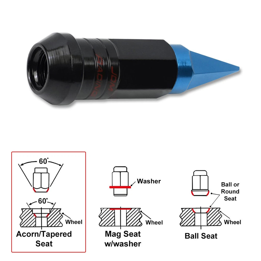 Set of 20 M12X1.5 Blue JDM Cone Wheel Lug Nuts with Spline Locks and Key