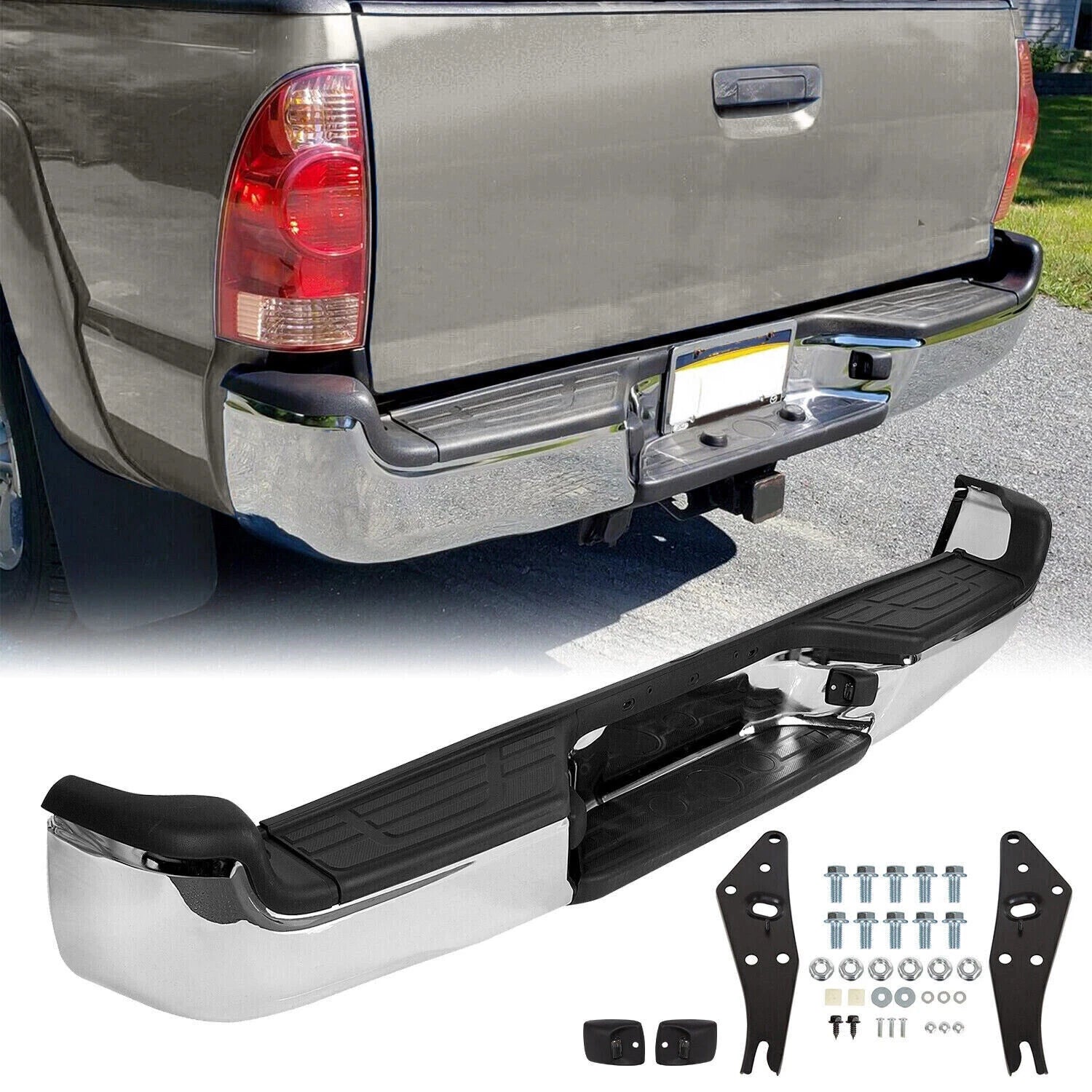 Chrome Rear Bumper Assembly with Light for Toyota Tacoma Pickup (2005–2015)