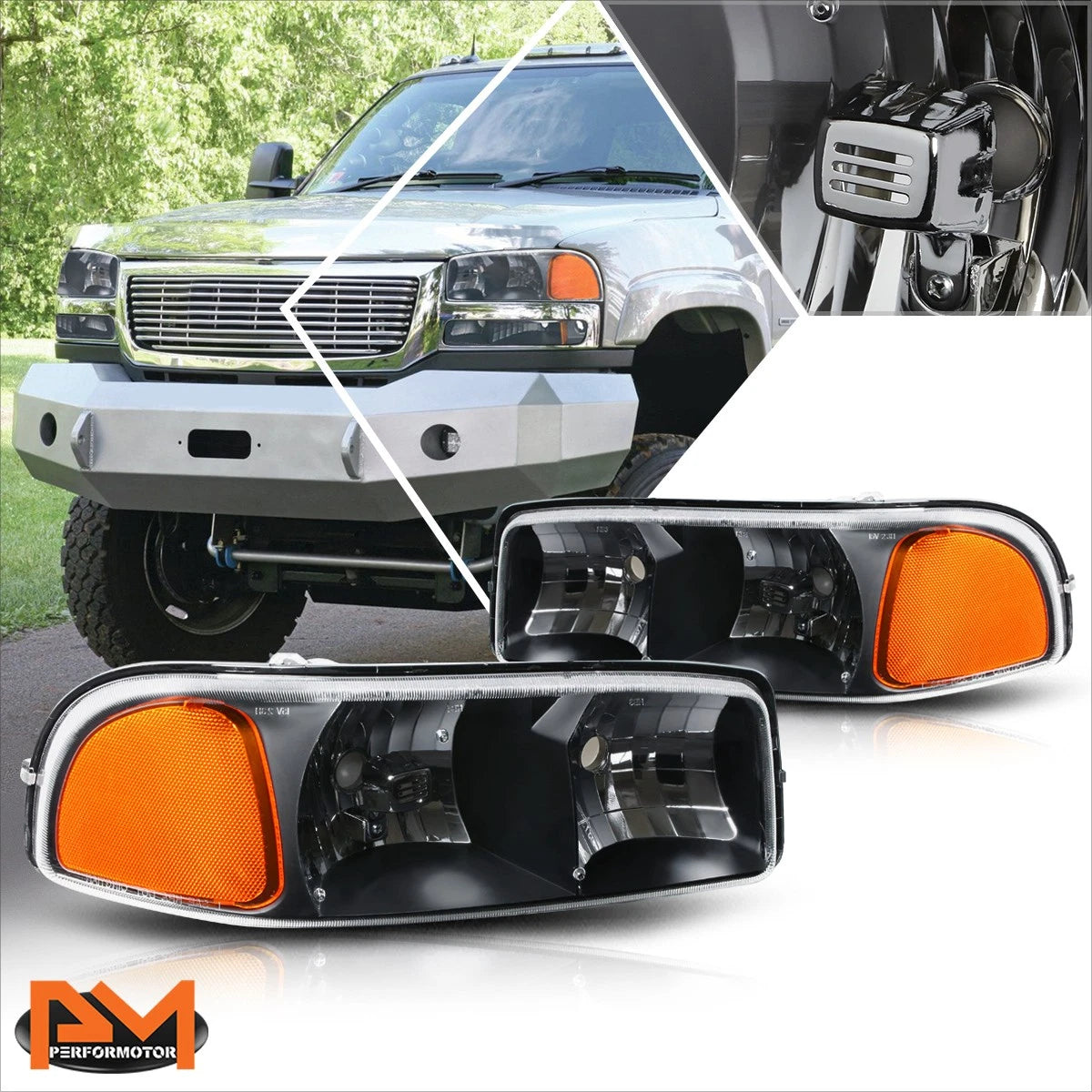 Upper Black Housing Headlight & Amber Side Corner Lamp for GMC Sierra/Yukon (1999–2007)