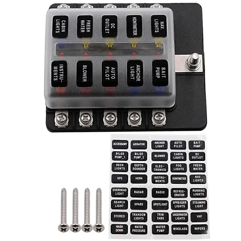 10-Way Blade Fuse Holder Box with LED Indicator for Marine 12V (N/A)