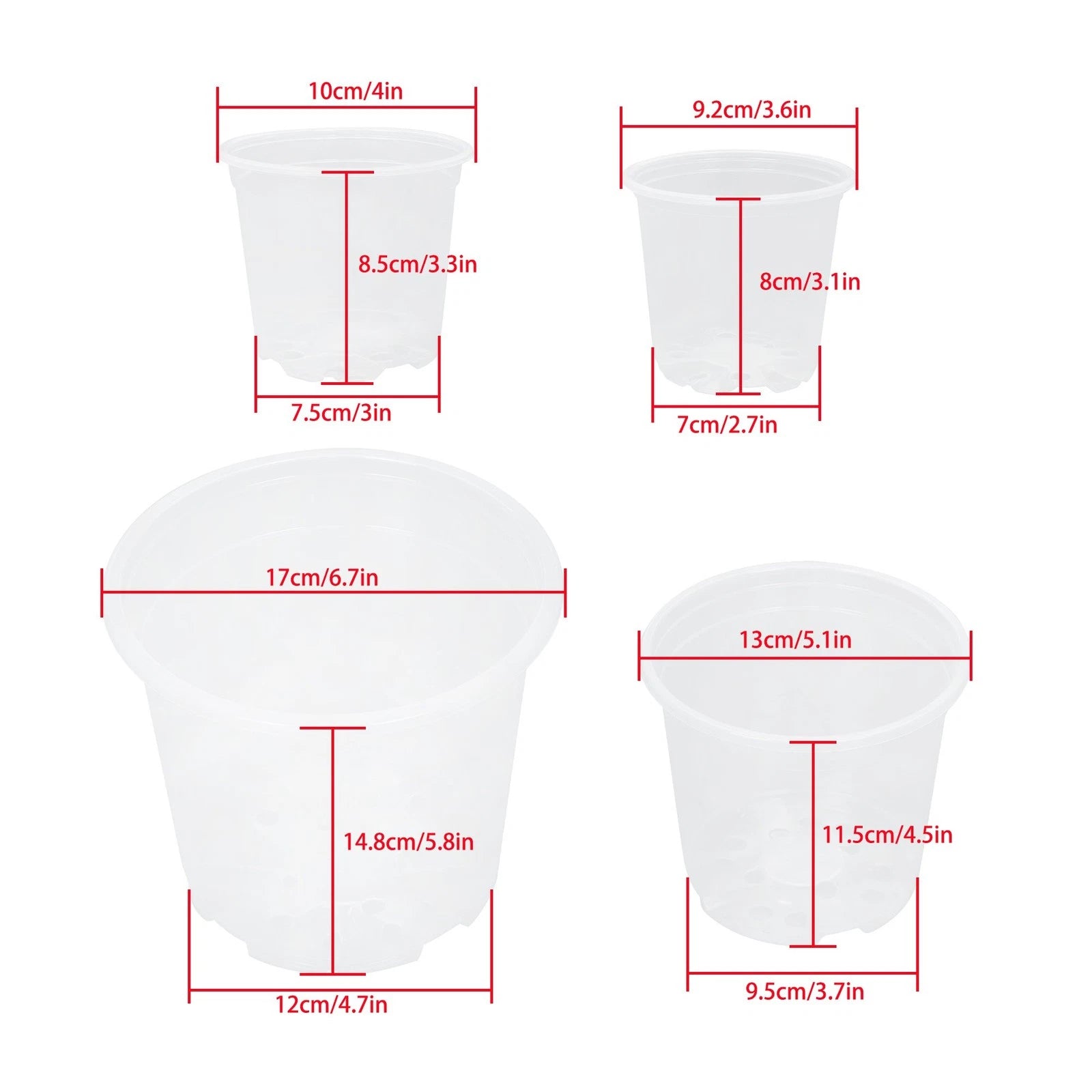 Set of 36 Reinforced Clear Nursery Pots 6.7/5/4/3.5 Inch