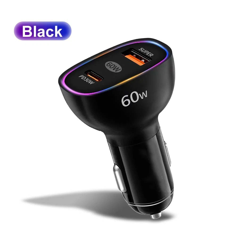 60W Dual PD Car Charger for QC3.0 Fast Charging (Universal)