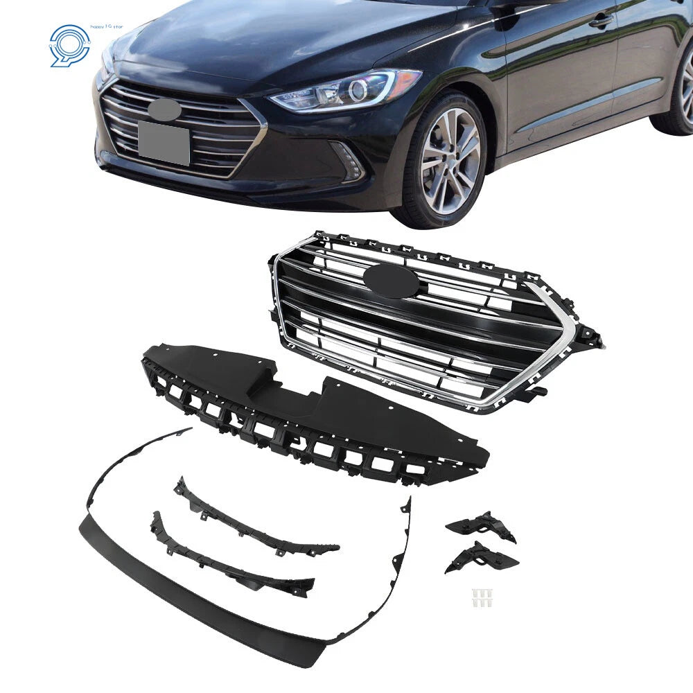 Front Chrome Grille, Radiator Cover, Bumper Lid & 4 Brackets for Elantra (2017–2018)