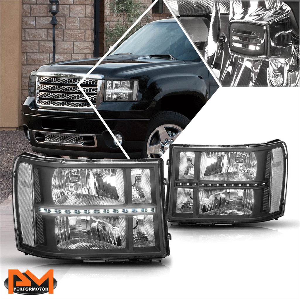 LED DRL Strip Headlight for GMC Sierra (2007–2014) Black Housing Clear Corner