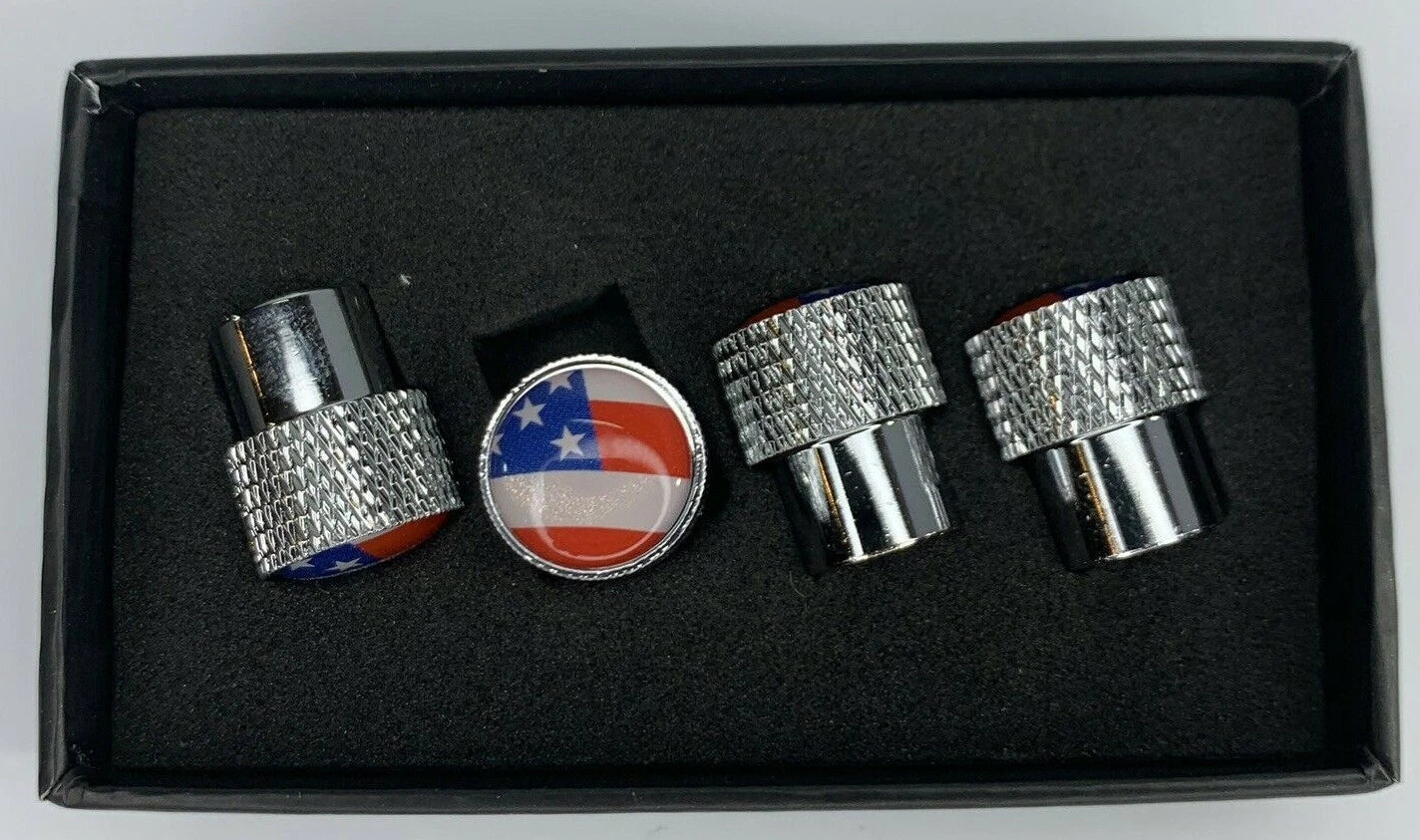 Valve Stem Caps Premium Chrome Knurled W/ American Flag for Universal