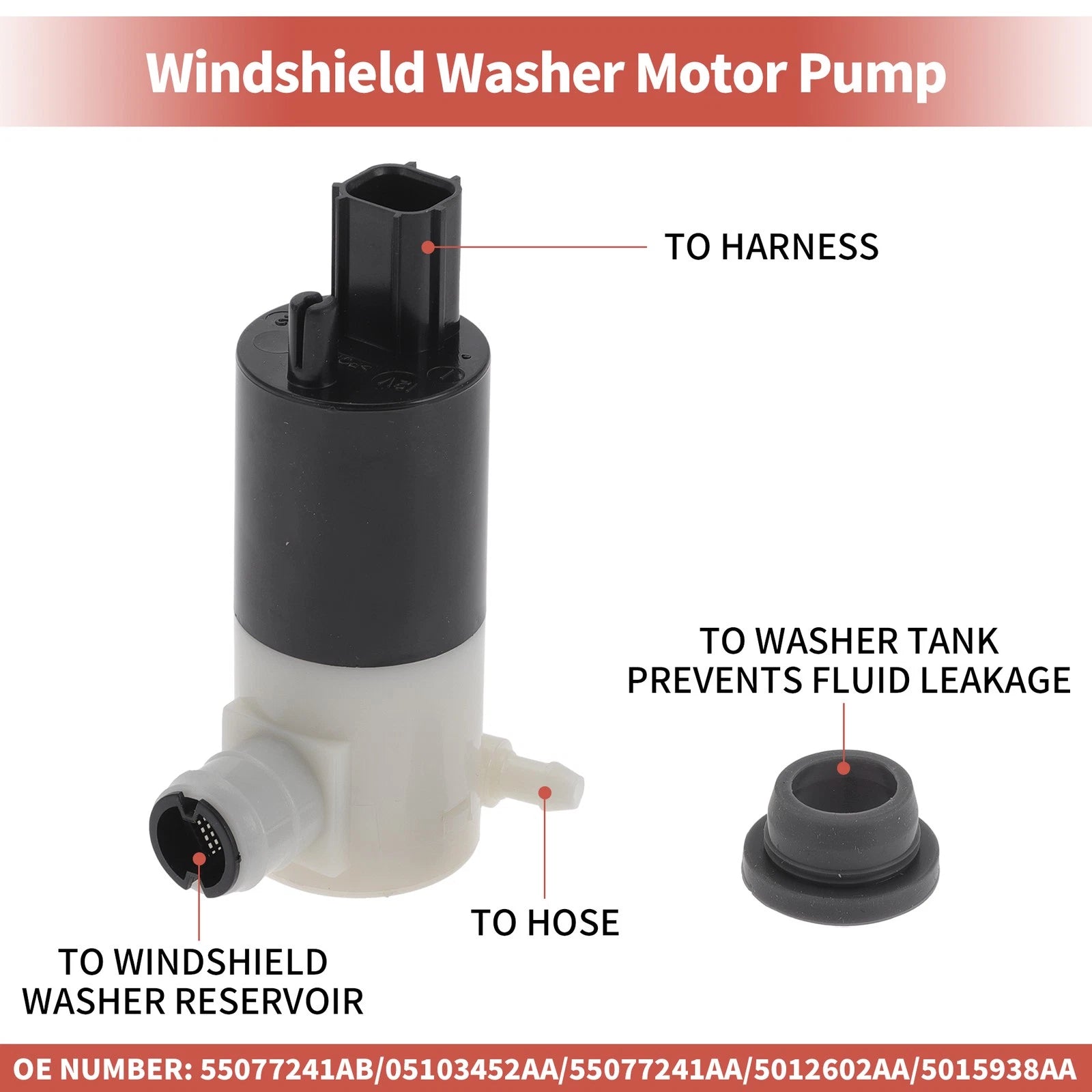 Windshield Washer Pump w/Grommet for Dodge Neon (1995–2005) No. 55077241AB