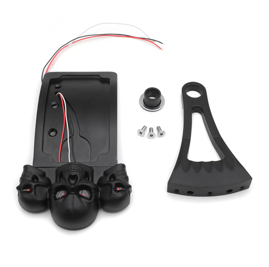 Black Curve Side Mount License Plate Bracket w/ Skull LED Tail Light (7/8" 1")