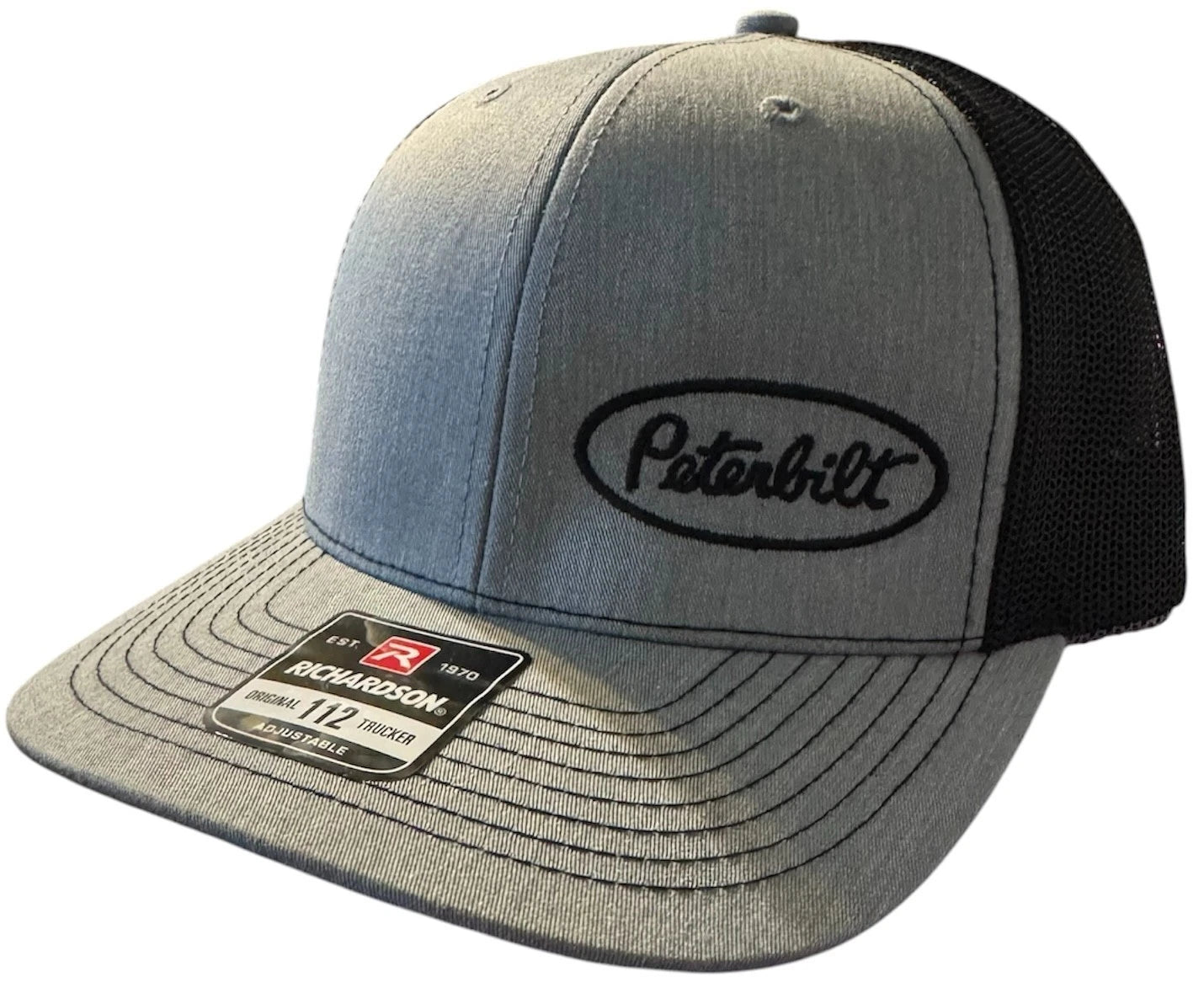 Embroidered Logo Trucker Hat for Peterbilt 112 (Adjustable, Heather Gray & Black)