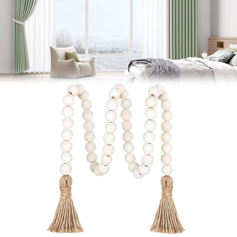 Set of 2 Rustic Wooden Bead Curtain Tiebacks with Tassels for Indoor/Outdoor