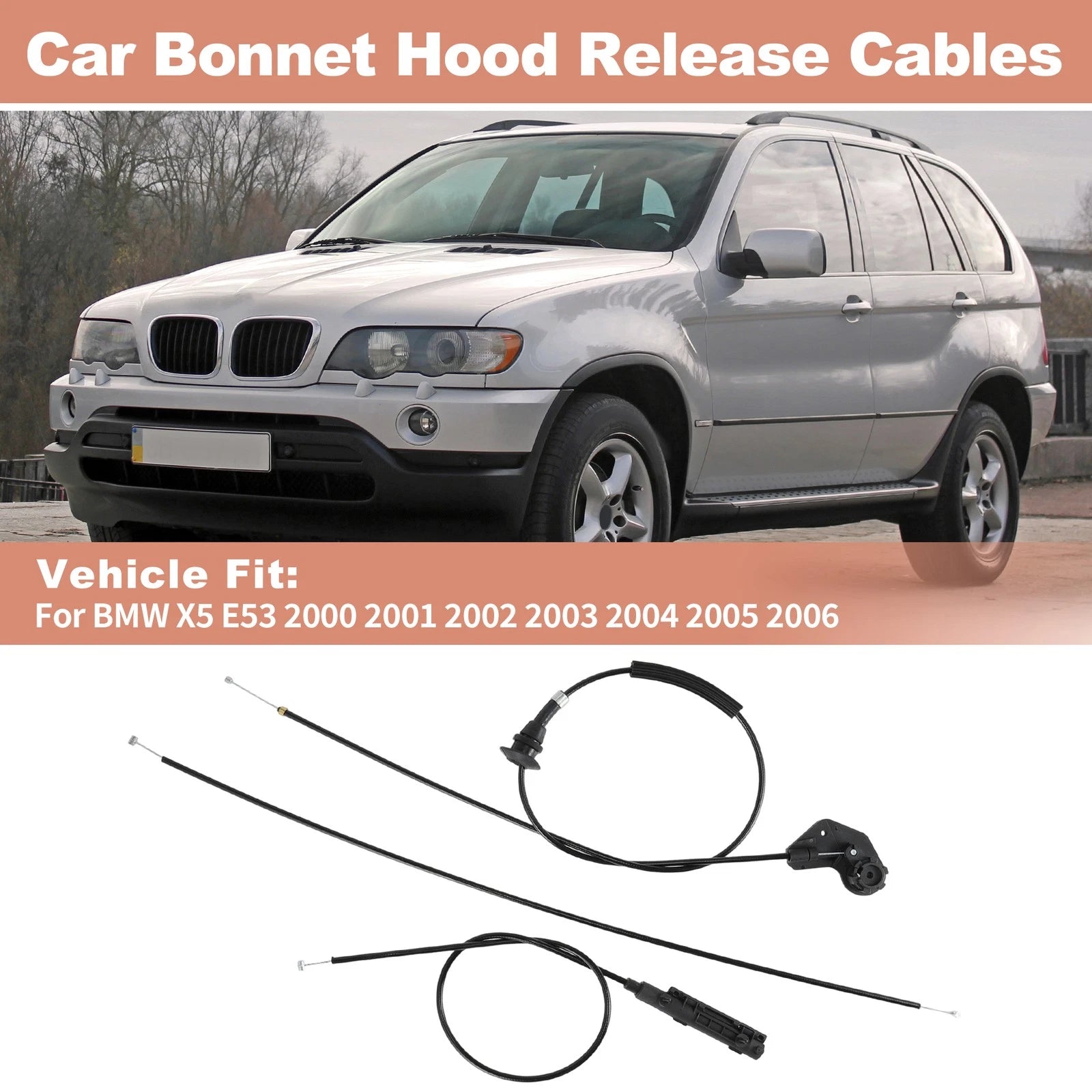 3Pcs Engine Bonnet Hood Release Cable Kit for BMW X5 E53 (2000–2006) 51238402615